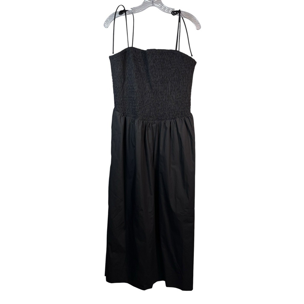 New ASTR the Label Sz L Dress Black Smocked Poplin Midi Tie Shoulder Cotton NWT